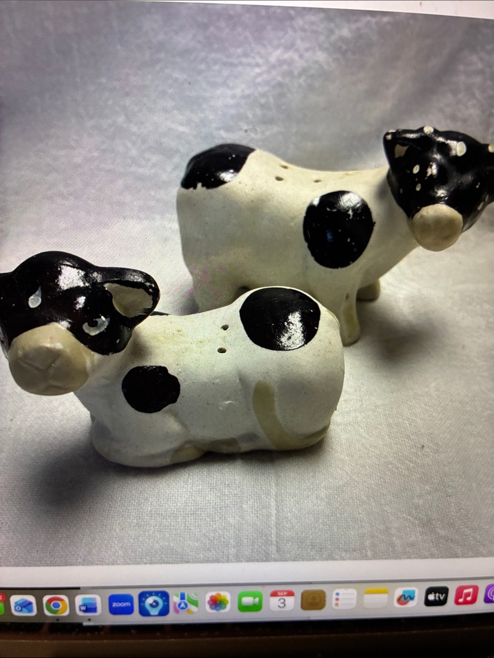 Vintage Black & White Cow Shaped Salt and Pepper Shakers with stoppers Chippy